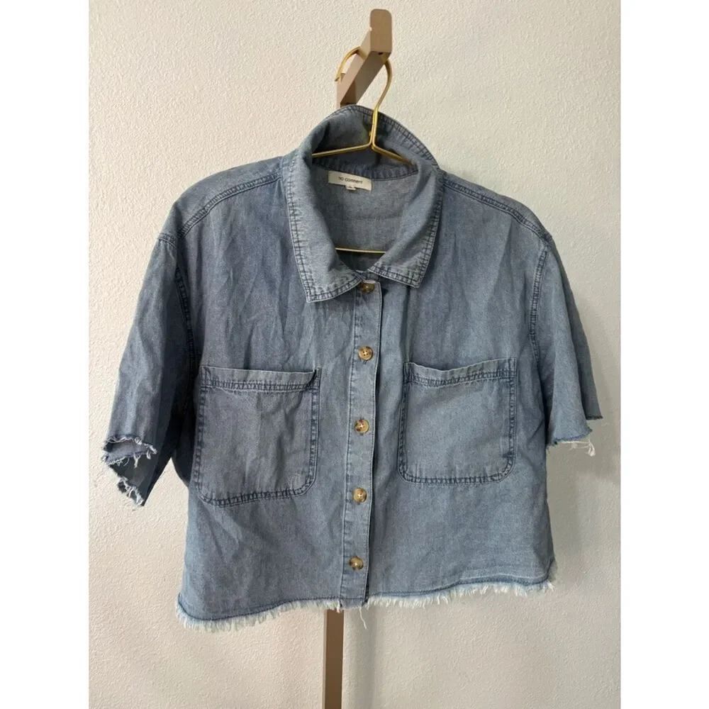 No Comment Light Wash cropped Denim Shirt- Size XL